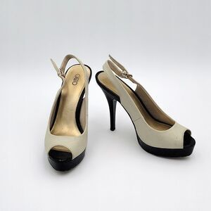 8M Heels Stiletto Pumps Black White Peep Toe Sling back Holiday Party Glam